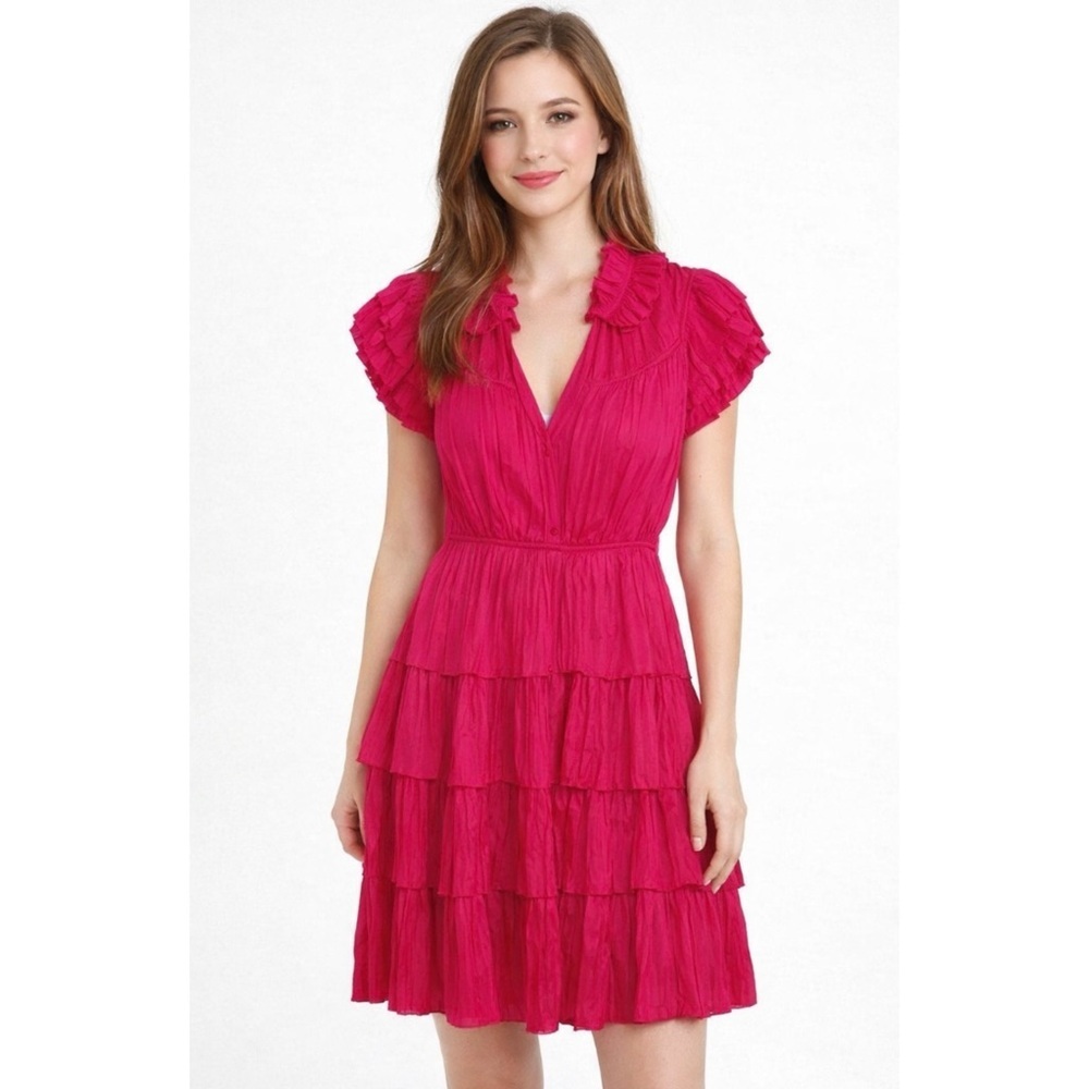 NWT ULLA JOHNSON | Bright Satin‎ Ruffled V-Neck Vesna Dress In Orchid Sz. 0